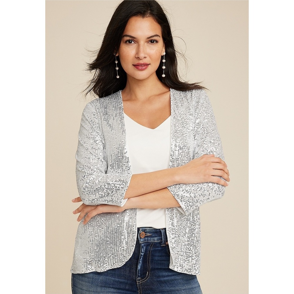 Maurices Silver Sequin Cardigan Shrug Plus Size 2X Open Front Sparkly Holiday